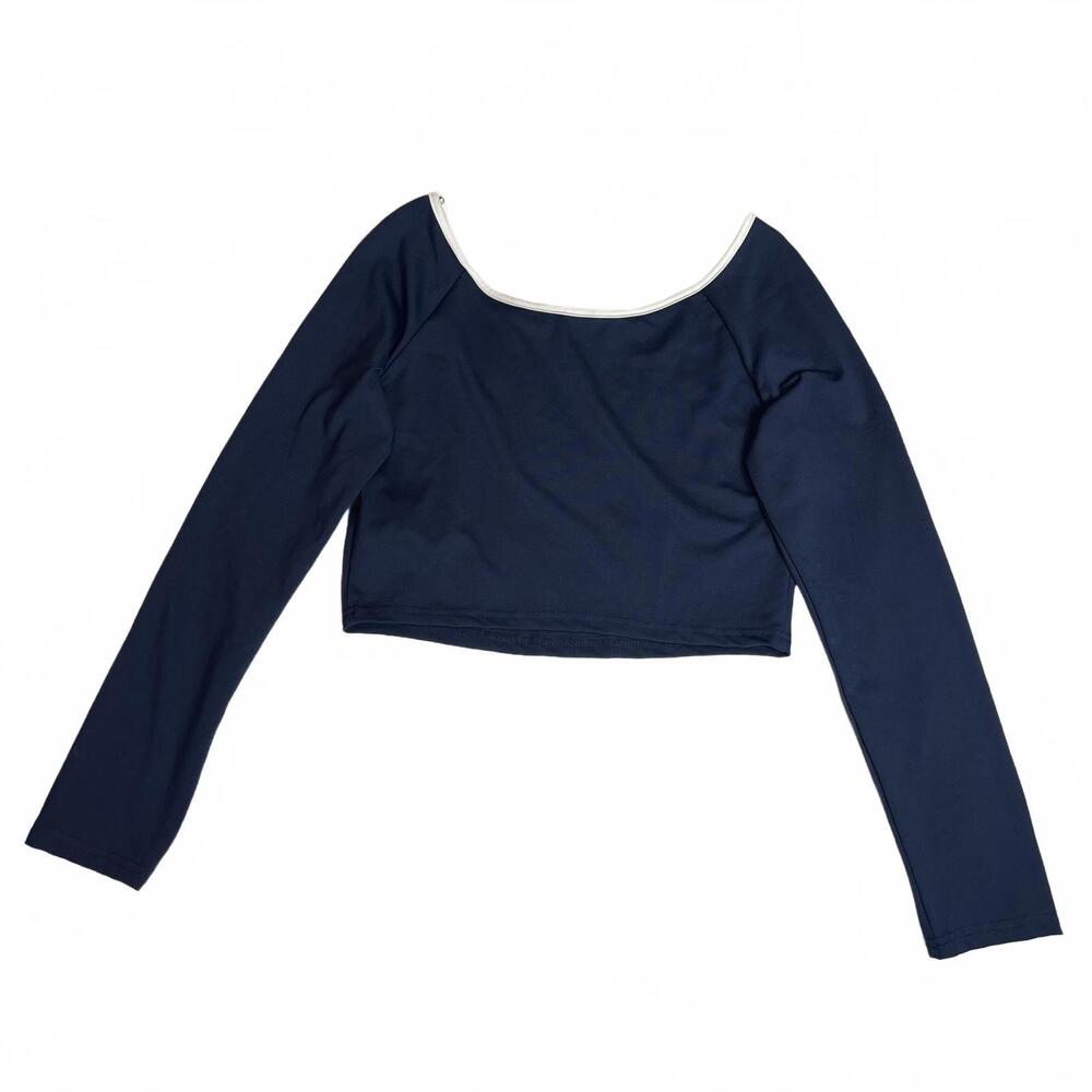 Missguided Navy Blue Long Sleeve Crop Top with White Trim - Picture 2 of 7